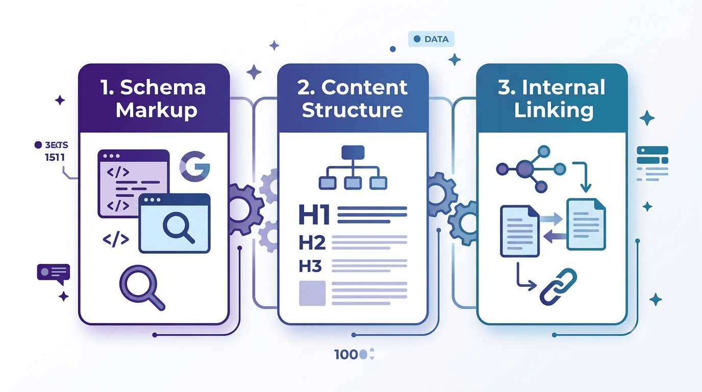 Infographic displaying the three pillars of an AI website audit: schema markup, content structure, and internal linking